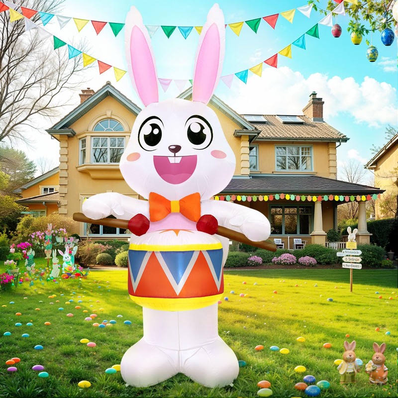 OurWarm 8FT Easter Inflatables Outdoor Decorations, Drumming Inflatable Easter Bunny