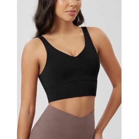 ODODOS Women's Longline U-Back Sports Bra V-Neck Padded Yoga Workout Wirefree Tank Top, Black, Small