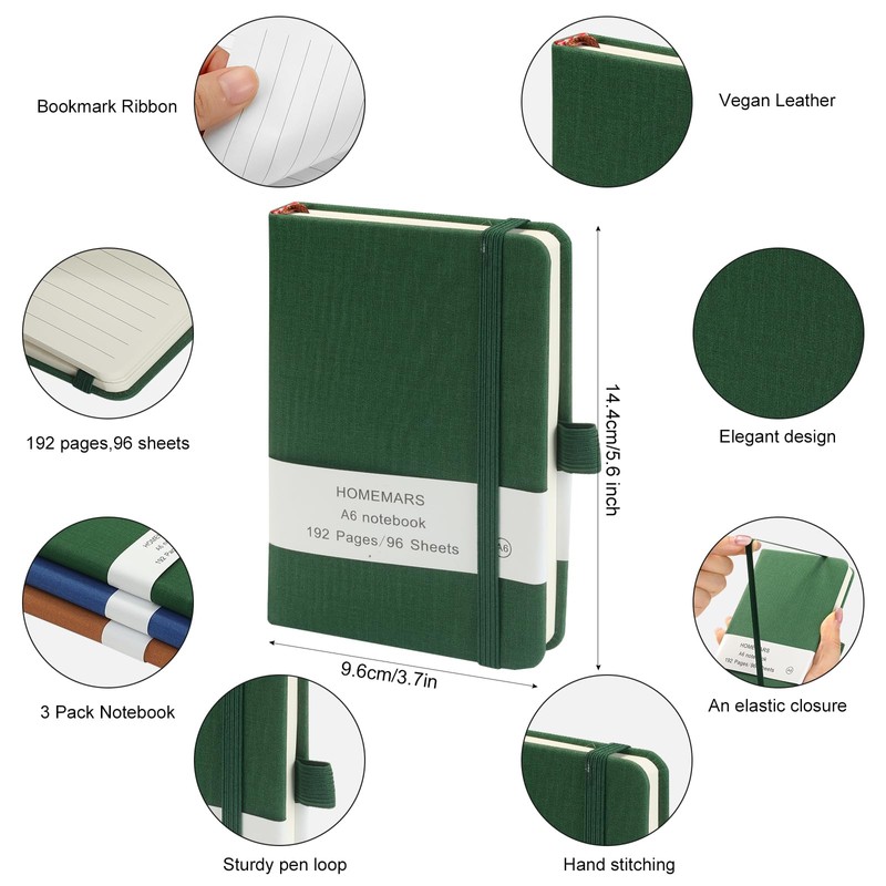 HOMEMARS Notebook A6, 3-piece notebook set, 14.4 cm x 9.6