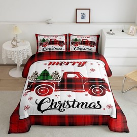 Manfei Xmas Truck Comforter Set King Size, Christmas Tree Snowflake Print Bedding Set 3pcs for Kids Boys Girls Bedroom Decor, New Year Theme Red Plaid Print Quilt Set with 2 Pillowcases