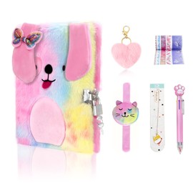 Secret Diary for Girls, Notebook with Padlock, Private Notebook with Purse, Multicolor Pen, Decorative Tape, Bookmark, Furry Keychain for Girls Boys