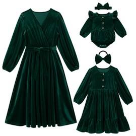 AWIBMK Mommy and Me Christmas Dresses Long Sleeve Santa Claus Dark Green Red V Neck Ruffle Velvet Dress Fall Winter Xmas Holiday Party Burgundy Mom Daughter Matching Outfits Photoshoot Dark Green M