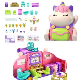 Unicorn Themed House Scene Simulation Compact Playset toy set, with lighting and sound effects, equipped with 17 homeaccessories, 2 image dolls, stickers and instructions, Travel Toy for Children