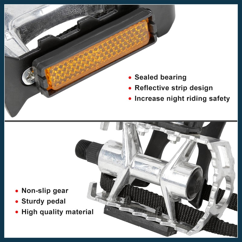 TUCKBOLD Pair Bicycle Pedals with Toe Clip Foot Strap Reflective