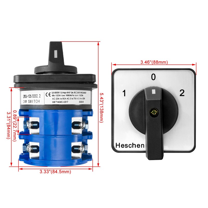 Heschen Universal Rotary Cam Selector Changeover Switch, SZW26-125/D202.2, 660V 125A,