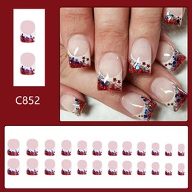 Independence Day French Tip Press on Nails Short Square Stars Glitter Powder Sequins Design July 4th Press False Nail Full Cover Glossy Patriotic Artificial Fingernails Holiday Glue on Nails for Women