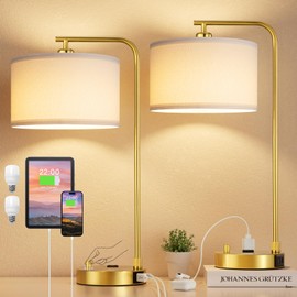 Gold Bedside Lamps Set of 2, Fully Dimmable Lamps for Night Stands, USB A+C