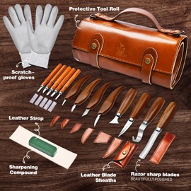 Deluxe Wood Carving Tools-Wood Carving Kit-Wood Carving Knife Set-Wood Whittling Kit for Beginners-Whittling Knife-Wood Carving Tool Set with Large Leather Case