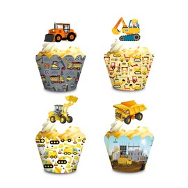 Construction Cupcake Toppers and Wrappers, Set of 24 Tractor Digger Truck Forklift Dump Bulldozer Road Roller Engineering Themed for Kids Boys Happy Birthday Baby Shower Party Supplies
