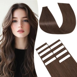 tesshair Tape in Hair Extensions Human Hair Thin Type 10 Pcs Invisible Skin Weft Remy Real Hair Extension Tapes Natural Tape Extensions for Women Girls(Dark Brown, 15g) - 14Inch