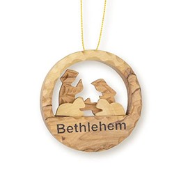 Holy Family Circle Nativity Scene, 3D Olive Wood Christmas Ornament from Israel, Wooden Hanging Seasonal Décor for Christmas Tree, Religious Holiday Decorations, Made in Holy Land of Bethlehem