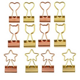 12 Pcs Metal Binder Clips Set - Cute Clips in Cat, Heart, Star Shapes - Gold & Rose Gold Stylish Office Supplies (Small-0.75inch)