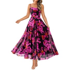 BTFBM Women Summer Floral Maxi Dresses Elegant Spaghetti Strap Dress Printed Party Dress Beach Long Dresses(Floral Black Rose Red,Large)