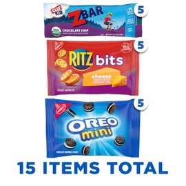 Zbar Chocolate Chip Snack Bars, RITZ Bits Crackers & OREO Mini Cookies, On the Go Snacks Variety Pack, 15 Snack Packs