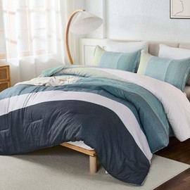 WONGS BEDDING Comforter Set King Size, Blue Striped Patchwork Comforter for King Bed,3 Pieces (1 Comforter+2 Pillowcases) Soft Microfiber Bedding Set for All Season (104"x90")