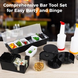 Bar Garnish Tray with Lid for Bar, 6-Grid Fruit Container, 3-Tier Bar Rimmers, 12 Stainless Steel Classic Bottle Pourers, 2 Plastic Juice Pour Bottles 1000 Count Cocktail Stirrers 3 Serving Tongs Set