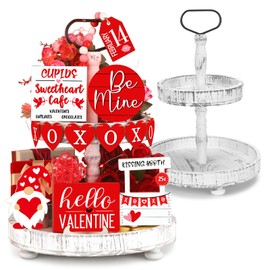Shellwei 14 Set Valentine's Day Tiered Tray Decor with Tray Valentines Love Heart Wood Sign Gnome Rustic Farmhouse Wooden Tray Decor Tray Signs for Romantic Valentine's Day Table Holiday
