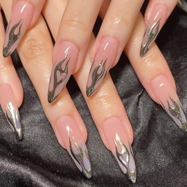 MERVF Long Stiletto Press on Nails French Tip Fake Nails Press ons Flame Glue on Nails Gothic Almond Acrylic False Nails with Sliver Design 24pcs Glossy