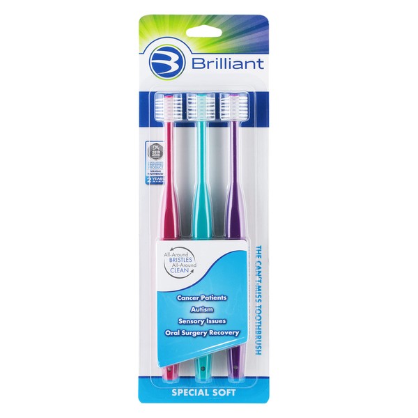 Brilliant Special Soft Toothbrush -for Cancer and Chemo Patients, Autism, Special Oral Care Needs,Raspberry-Teal-Violet, 3 Count