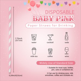 PakTalk [100 Pack] Pink Straws, Baby Pink Paper Straws for Drinking, Pink Straws Disposable and Biodegradable for Birthdays, Weddings, Baby Showers (0.24" x 7.75", Baby Pink)