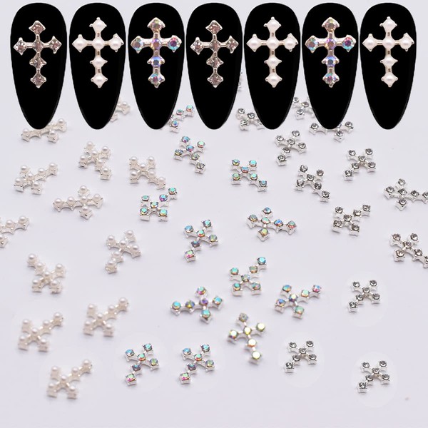 LIFOOST 30pcs Cross Nail Charms for Nail Art Accessory 3D Gold Cross Jewelrys Nail Studs with Flat Back Crystal Nail Art Rhinestones for Women Acrylic Nails Designs (Silver)