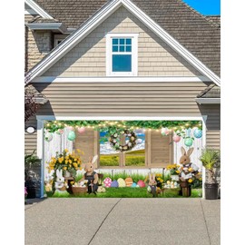 Easter Garage Door Banner, Easter Theme Large Rural Garage Cover Decoration, Rustic Wooden Board Wall Window Floral Egg Garden Bunny Spring Outdoor Garage Decoration Indoor Party Background Props