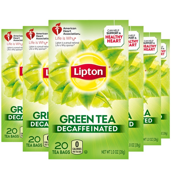 Lipton Decaffeinated Green Tea Bags, Hot or Iced, Can Support Heart Health, 20 Tea Bags (Pack of 6)