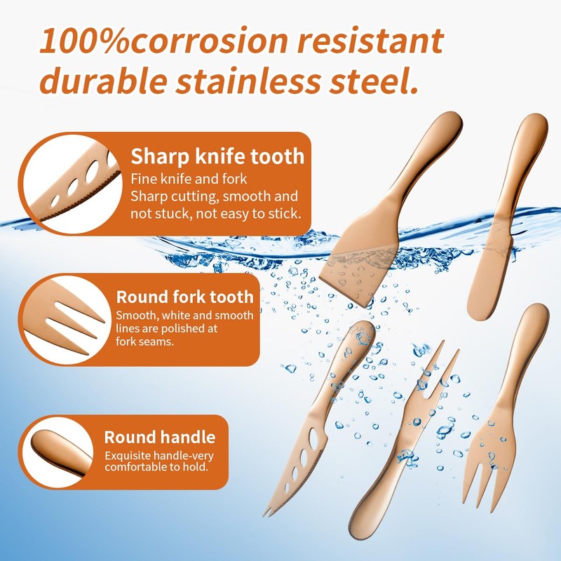 A · HOUSEWARE Copper Cheese Knives Set 7 Pieces Stainless