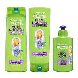 Garnier Fructis Champú y Acondicionador Sin Sulfato Hidratante para Rizos, Crema para Secar al Aire y Mantequilla Definidora de Rizos (Set de 3 Artícu