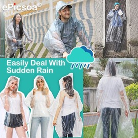 ePicsoa 6 Pack Disposable Rain Ponchos with 6 Pairs Shoe Covers, Portable Ponchos Waterproof Emergency Plastic Raincoat for for Adult, Clear