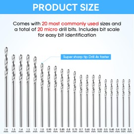 Jeffdad 20 Pieces Mini Hand Drill Twist Drill Bits Set, 0.3-1.6mm HSS Mini Micro Drill Bit Set Hand Drill Bit Set for DIY Wood Resin Jewellery Making Plastic Resin Clay Keychain