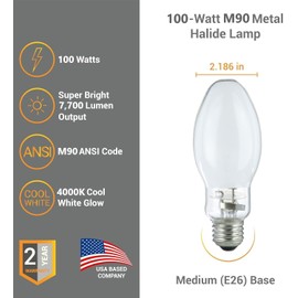 Diodesy- M90 Metal Halide Lamp 100W High Intensity Discharge Lamps Pulse Start E26 Medium Base 4000K Cool White 7700 Lumen White Coated Finish HID Elliptical Lamp 15,000 Hours Life Pack of 2