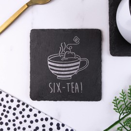 Engraved Square Slate Coaster -"SIX-TEA" Design - 60th Milestone Birthday Gifts for Men, Him - Sixtieth Gift for Friend, Grandad, Dad, Husband - Drinks Mat, Grey