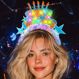 Handcess Light up Birthday Headband Festival LED Star Hair Band Glitter Costume Hair Hoop Party Rave Hair Accessories for Women and Girls