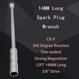 ZKTOOL 14mm Long Rod Universal Joint Magnetic Spark Plug Wrench, Thin Wall 12 Point 3/8 Inch CR-V Swivel Extension Spark Plug Socket, Spark Plug Puller, Spark Plug Removal Tools