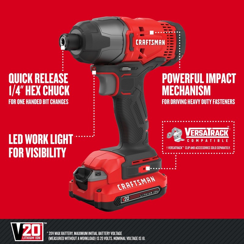 Craftsman CMCF800C1R V20 Brushed Lithium-Ion 1/4 in. Cordless Impact Driver