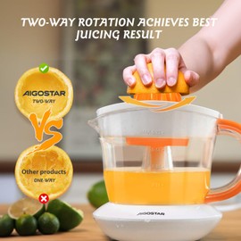 Aigostar Electric Juicer, 2 Cones, Orange Squeezer, 40 Watt, Citrus Juicer 0.7 Litres, 2 Directions of Rotation, High Juice Yield, Drip-Proof Spout, BPA-Free (Orange)