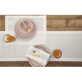 Solino Home Hemstitch Cotton Linen Table Runner – 14 x 108 Inch, Natural Fabric Machine Washable Table Runner – White