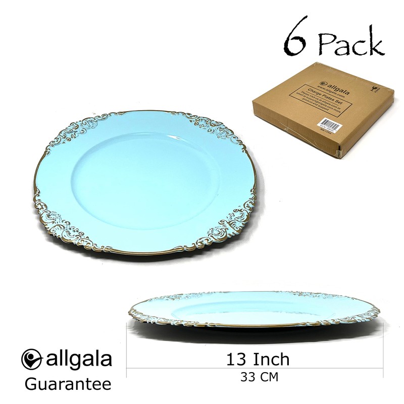 allgala 13-Inch 6-Pack Heavy Quality Round Charger Plates-Floral Turquoise-HD80382