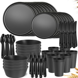 ZIVONA 40-Piece Kitchen Plastic Dinnerware Set, Service for 8, Unbreakable Dish Set - Dinner Plate/Dessert Plate/Bowl/Cup/Fork/Knive/Spoon, for Apartment Essentials, Outdoor Camping,Black