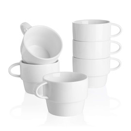 Sweese Porcelain Espresso Cups Set of 6 - Stackable 10 Ounce Espresso Coffee Mugs for Cappuccino, Mocha, Tea - Dishwasher Friendly – Ideal for Home and Café, White