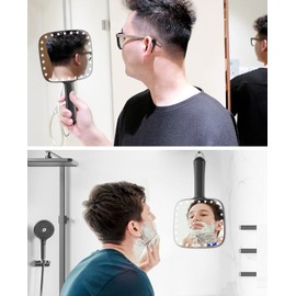 Espejo de mano iluminado, espejo de mano de 6.2 x 6.9 pulgadas con luz, espejo de corte de pelo automático con asa, ligero y colgante, espejo de salón de durabilidad para estilista y maquillaje, funciona con pilas (no incluido)