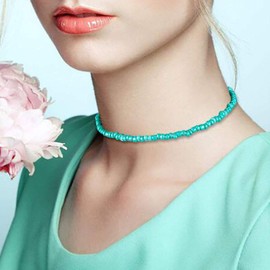 Tgirls Boho Choker Necklace Chain Rice Beaded Necklaces Jewelry for Women (turquoise)