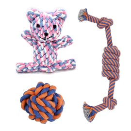 SunGrow Cotton Rope Knot Puppy Chews, 4.5” Tough Teething Chewable Teddy Bear, 2.5” Rope Ball and, 12” Durable Oral Chew Rope, Handwoven for Small Breeds Dog, Massage Teeth, Gums, Random Color, 3 Pcs
