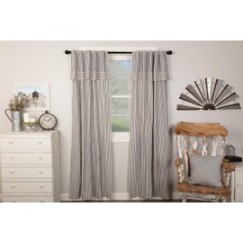 Farmhouse Ticking Stripe Gray Panel Curtains, Set of 2, 84" Long, Farmhouse Style Panels w/ Attached Valance & Button Accents