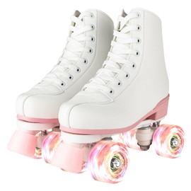 jessie Women Roller Skates with Light Up Wheels Stylish White Quad Skating Ideal for Men, Adult, Youth and Beginners Outdoor(Pink Flash Wheel,37-23.5cm/9.25in)