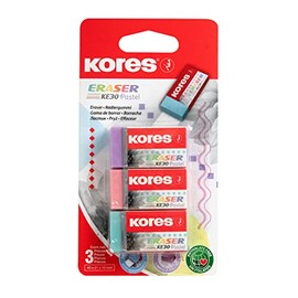 Kores - KE-30 Pastel: PVC Erasers with Paper Sleeve for Kids, Students and Adults, Non-Toxic and Child-Friendly, School and Office Supplies, 40 x 21 x 10 mm, Pack of 3 in Pastel Assorted Colours