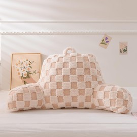 Holawakaka Checkered Reading Pillow with Arms, Adults Backrest Reading & Rest Pillows for Sitting Up in Bed, Bed Rest, Lounging, Working, Arms Back Support Cushion for Men Women Teens, Beige