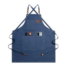 Chef Apron for Men Women Canvas Aprons with 3 Pockets Cross Back Resistant Work Apron for Cooking (Blue)