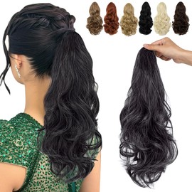 Felendy 15" Ponytail Extension Drawstring Curly Wavy Ponytail Extensions Clip in Long Pony Tails Hair Cute Synthetic Piece for Women Dark Brown Mix White